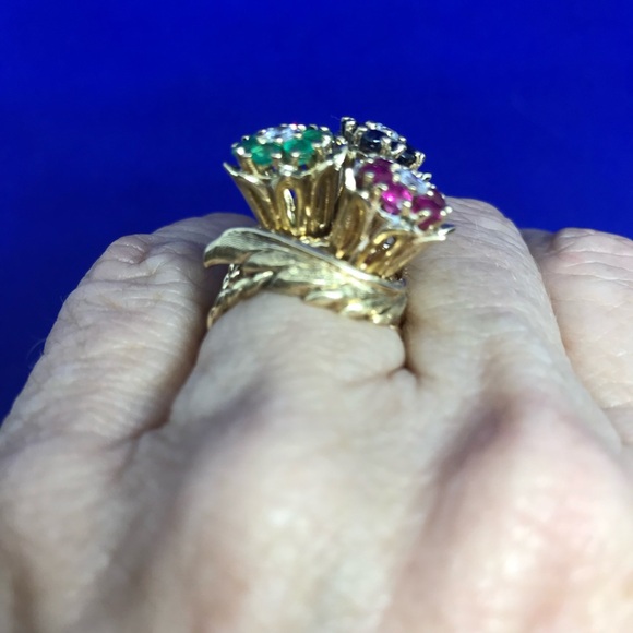 Vintage Tulip Ring - Stacking Rings - Emerald, Ruby & Sapphire - Picture 5 of 7